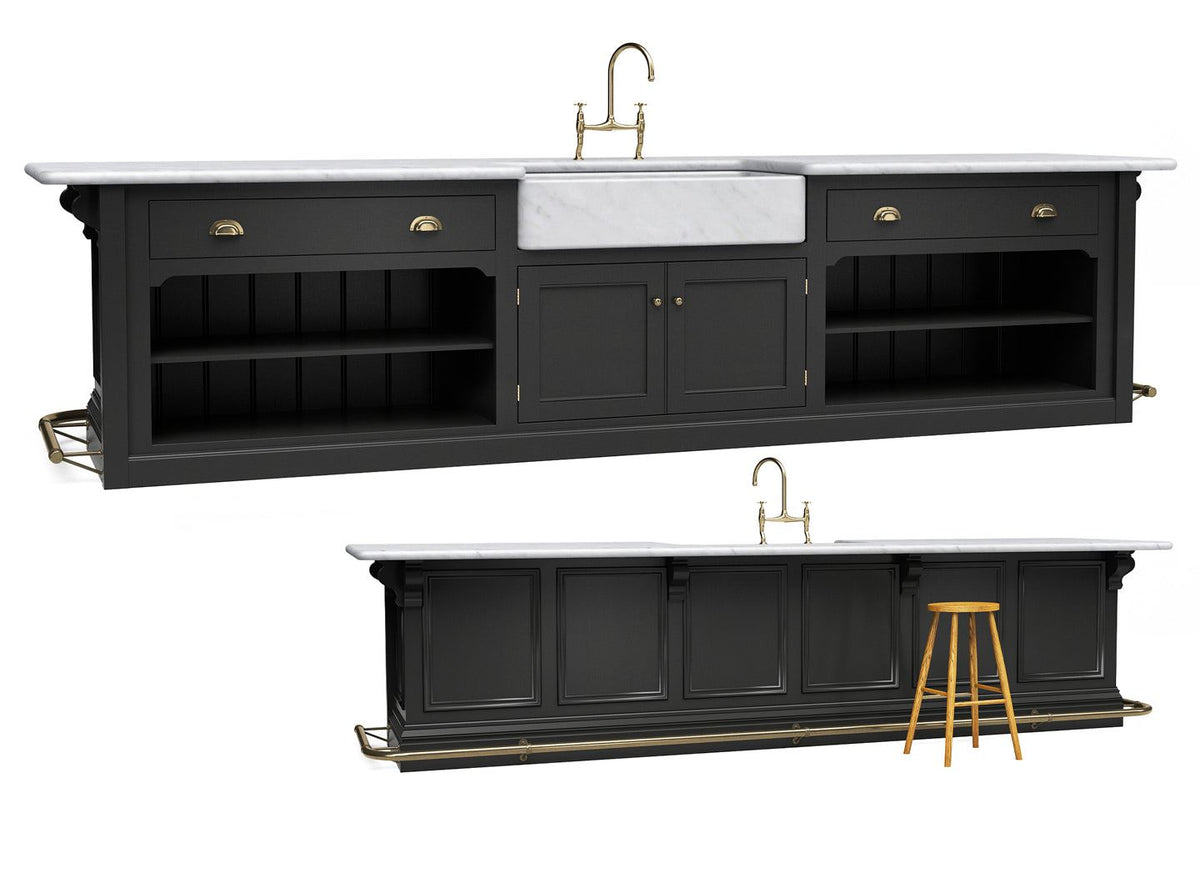 Island with 1000 marble double sink, open storage with drawers, brass foot rail & panelled back TEST