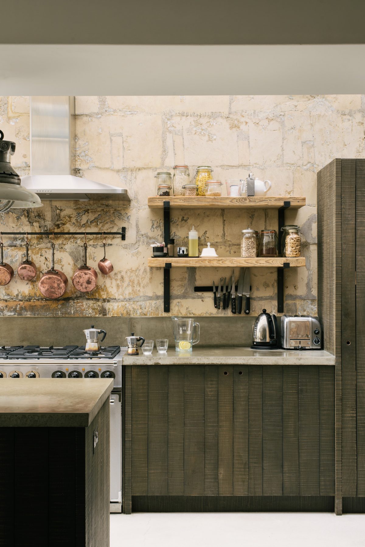 Our Inky Blue/Black stain has been used on the textured cupboards. 