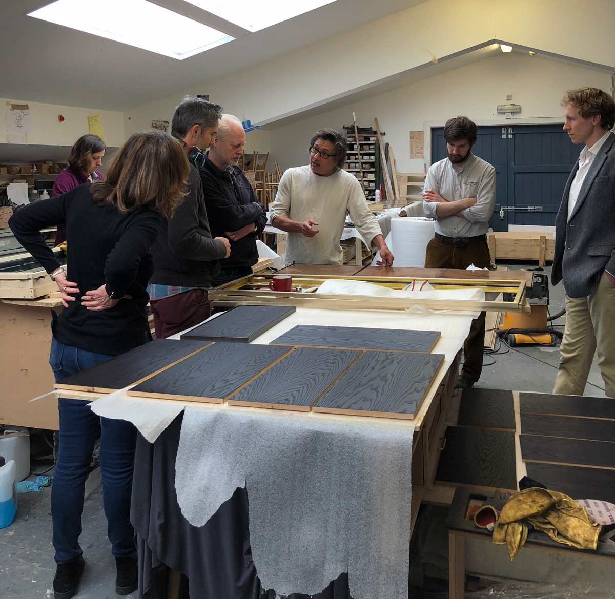 Sue, Ben, Charlie, Paul, Huw and Robin upstairs in the Cotes Mill workshops.