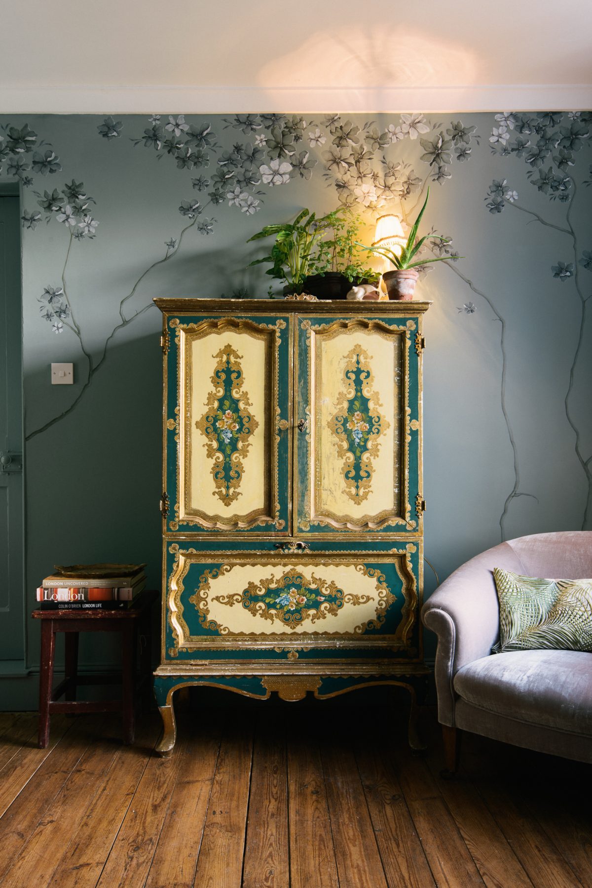 This old painted cupboard worked perfectly against the watercolour wall.