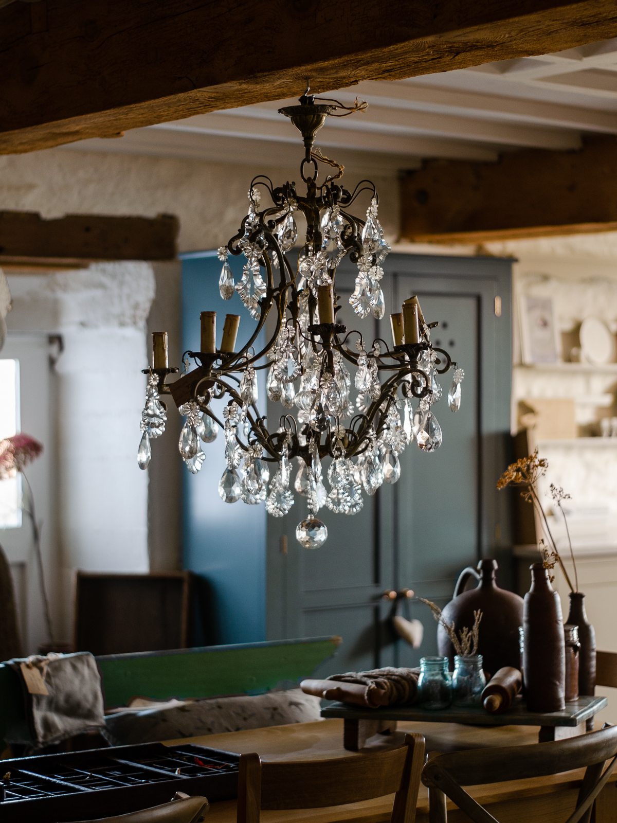 A hanging chandelier in the Shaker Showroom.