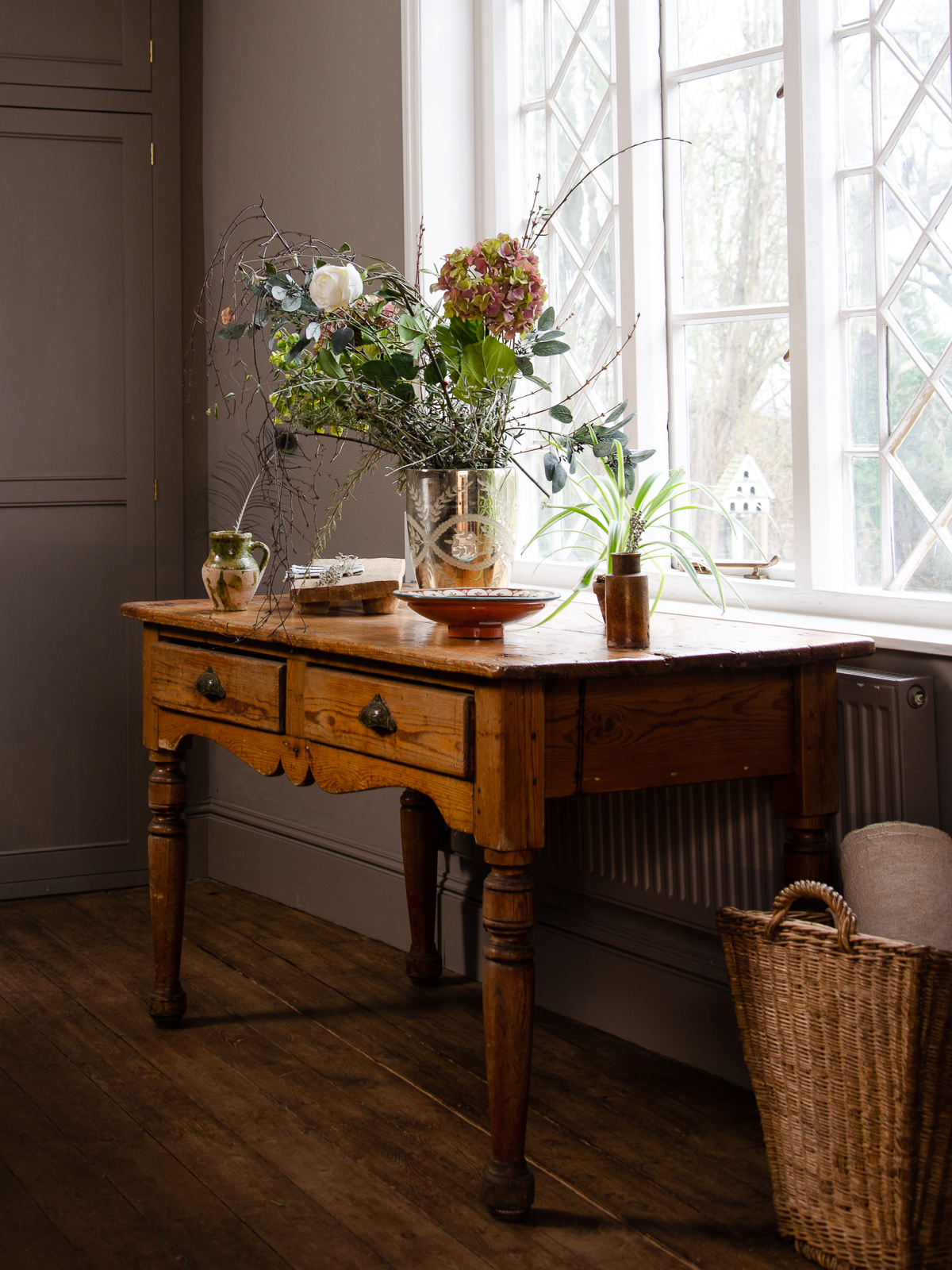 Antique Pine Table with Two Drawers in our Millhouse Kitchen