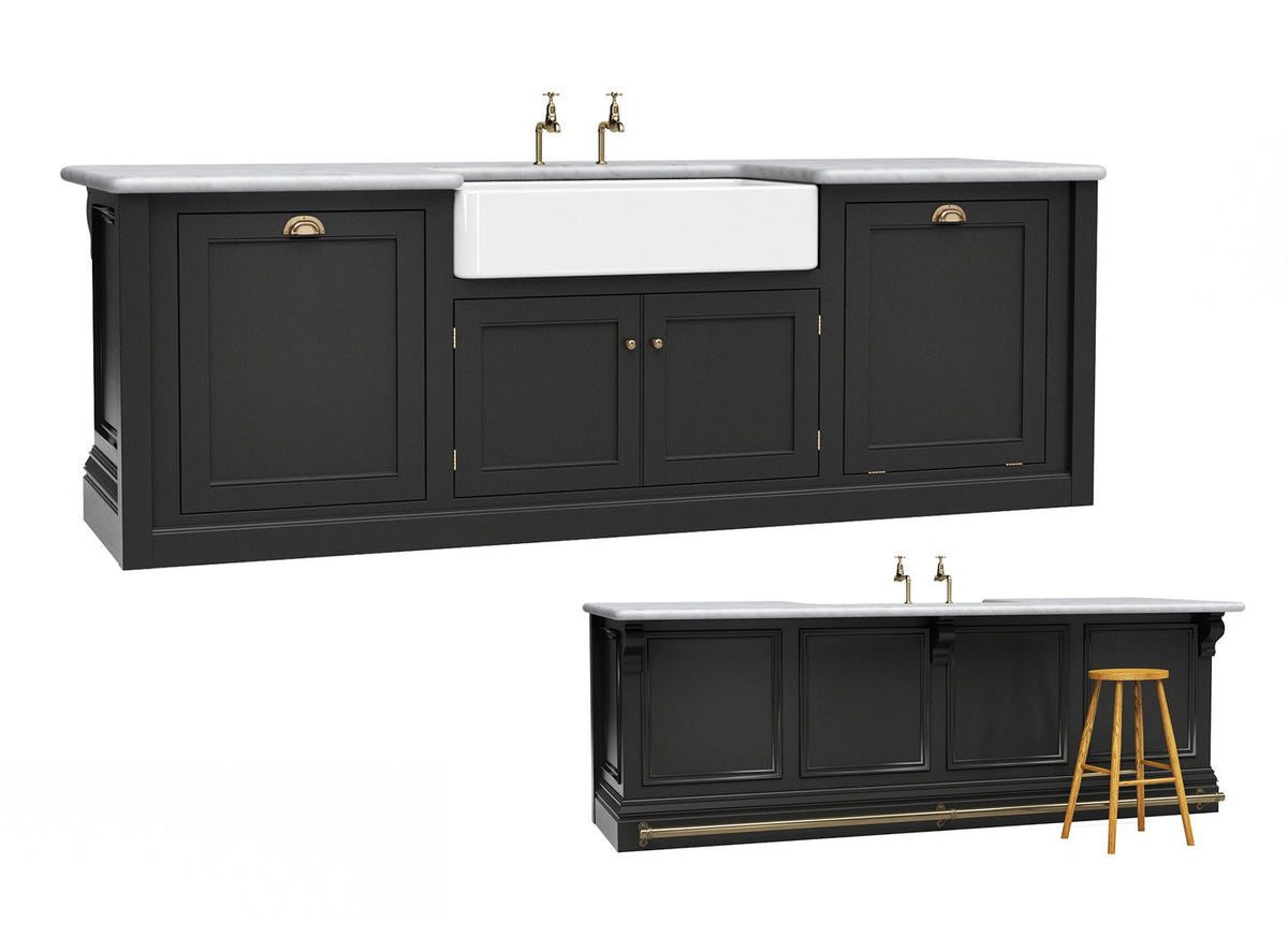 Island with 1000 Belfast sink, dishwasher, double bin, brass foot rail & panelled back TEST