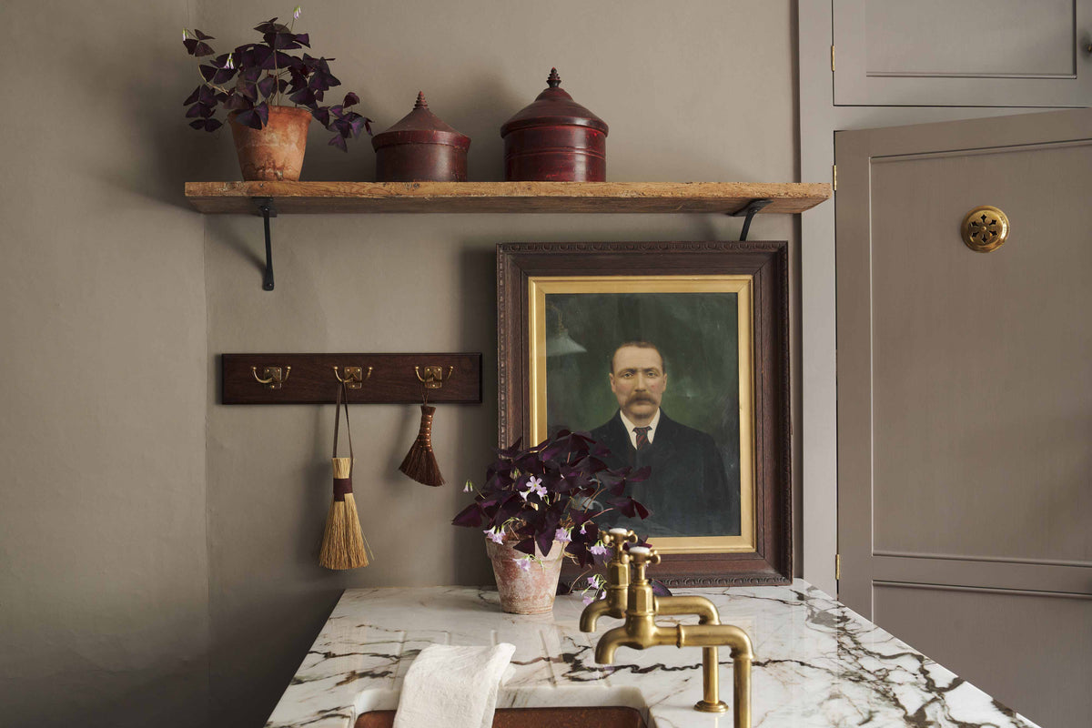 A Mahogany Finish backboard with three brass Twin Edwardian Hooks, fitted to a grey wall with a worn pine shelf, vintage portrait painting and potted plants.