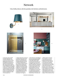 A page of a magazine, the top half is taken up with four small images spread around the page. Bottom right is a blue and pink kitchen, above is a long kitchen island, to its left is a wall light and below is a yellow and grey shower room. Below the images are four columns of black text.