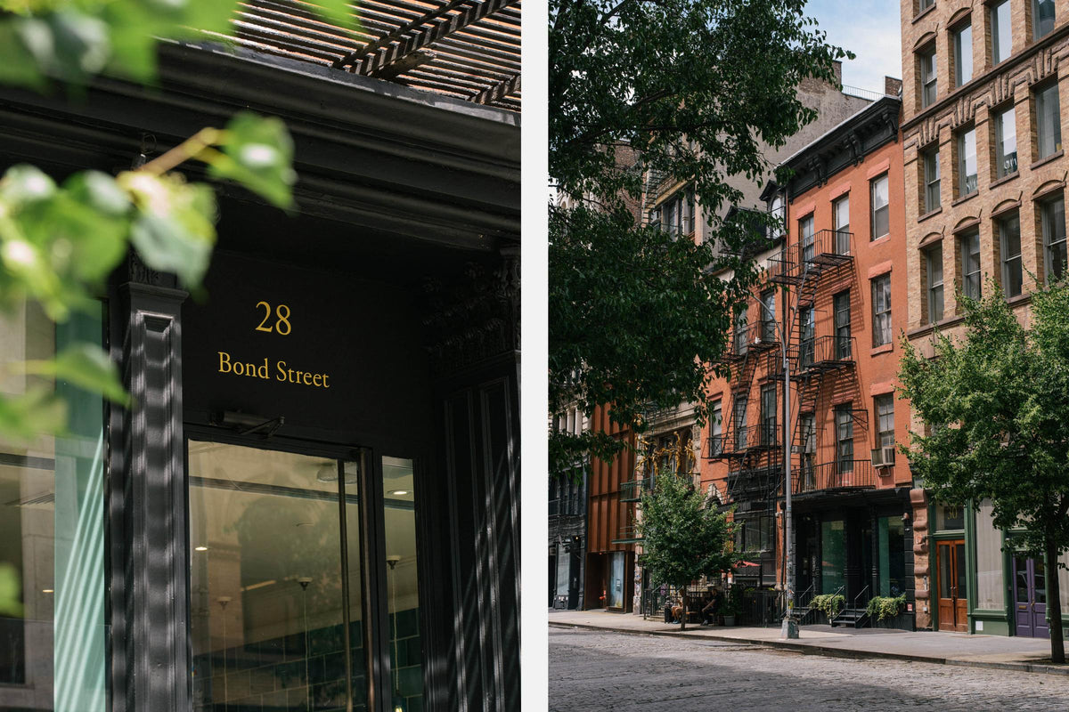 An oblique view of the deVOL Bond Street, New York City showroom and a close-up of the street and address number 