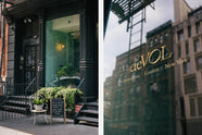 A close-up and oblique view of the front entrance of the deVOL Bond Street New York City showroom. And on the right is a close-up of the hand painted deVOL logo and it's other locations in Leicestershire and London.
