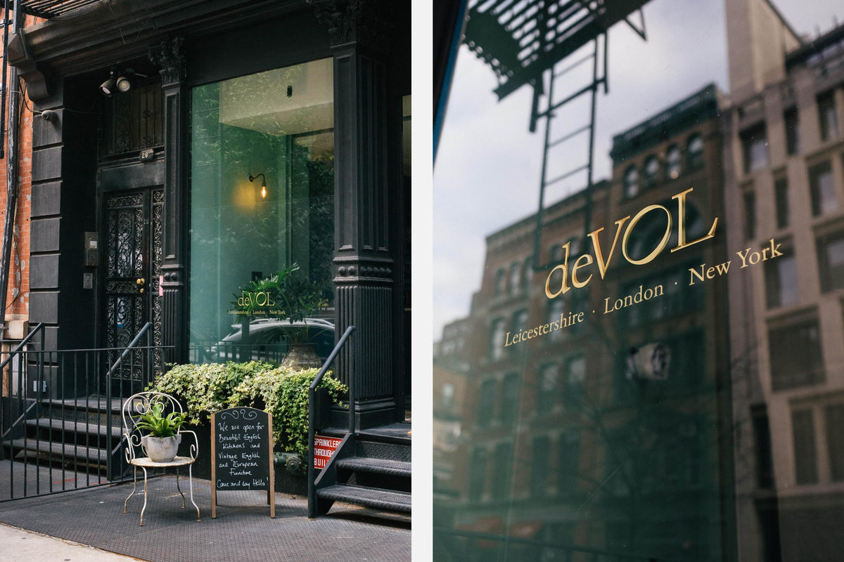 A close-up and oblique view of the front entrance of the deVOL Bond Street New York City showroom. And on the right is a close-up of the hand painted deVOL logo and it's other locations in Leicestershire and London.