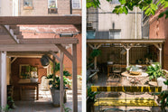 Two outdoor patio scenes of the deVOL Bond Street New York showroom with wooden pergolas, antique furniture, and lucsious green plants.