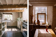 A sink run in a simple English farmhouse kitchen at deVOL’s headquarters, Cotes Mill. Low-exposed wooden beams, antique furnitures, and worn floorboards create a rustic atmosphere, while textured off-white walls add charm.