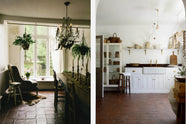 The simple and functional linen white scullery room with a modest sink run with polished sapele, a large single Carrara marble sink, and aged brass Mayan taps. The warm reds and browns of the terracotta square tiles, vintage furniture, ceramics, woven baskets and a deVOL laundry maid serve the room with both a purpose and beautiful aesthetics.