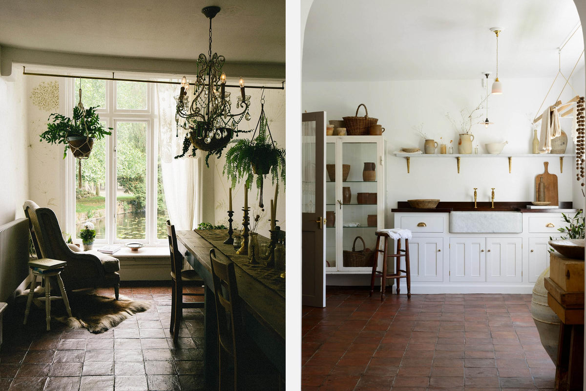 The simple and functional linen white scullery room with a modest sink run with polished sapele, a large single Carrara marble sink, and aged brass Mayan taps. The warm reds and browns of the terracotta square tiles, vintage furniture, ceramics, woven baskets and a deVOL laundry maid serve the room with both a purpose and beautiful aesthetics.