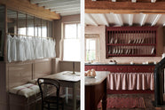 On the left is a small breakfast nook with a Princelet pink glass partitions, a café curtain rail, a shaker bench seat, a Bentwood café chair, and an antique table. On the right, a refectory-red Heirloom kitchen’s sink cabinet reveals a polished brass sink, aged brass Mayan taps, café curtain rails, curtains, a plate rack, and an Heirloom dairy table. Beautifully decorated with artisan ceramics, this kitchen offers a modern twist on vintage furniture, creating a classic range designed to last.