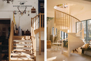 A bright and open space with a solid limestone spiral staircase, and a wooden staircase towards the kitchen showrooms. Decorated with antique furniture, and deVOL curated vintage embelishments.