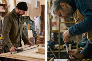 Two expert craftsmen in a woodworking studio are creating wooden kitchen furniture.