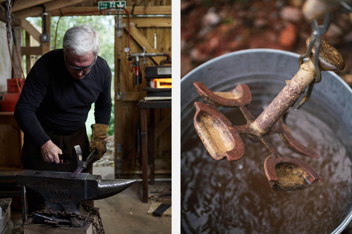 Our in-house blacksmith in his metal workshop where he hand-makes each ironmongery product. There is also an image of the cup handles, being quenched.