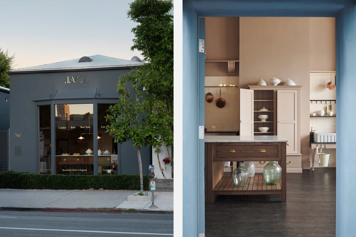 An external view of our LA showroom, taken at dusk, with dark-grey rendered walls and a large bay window to the front.