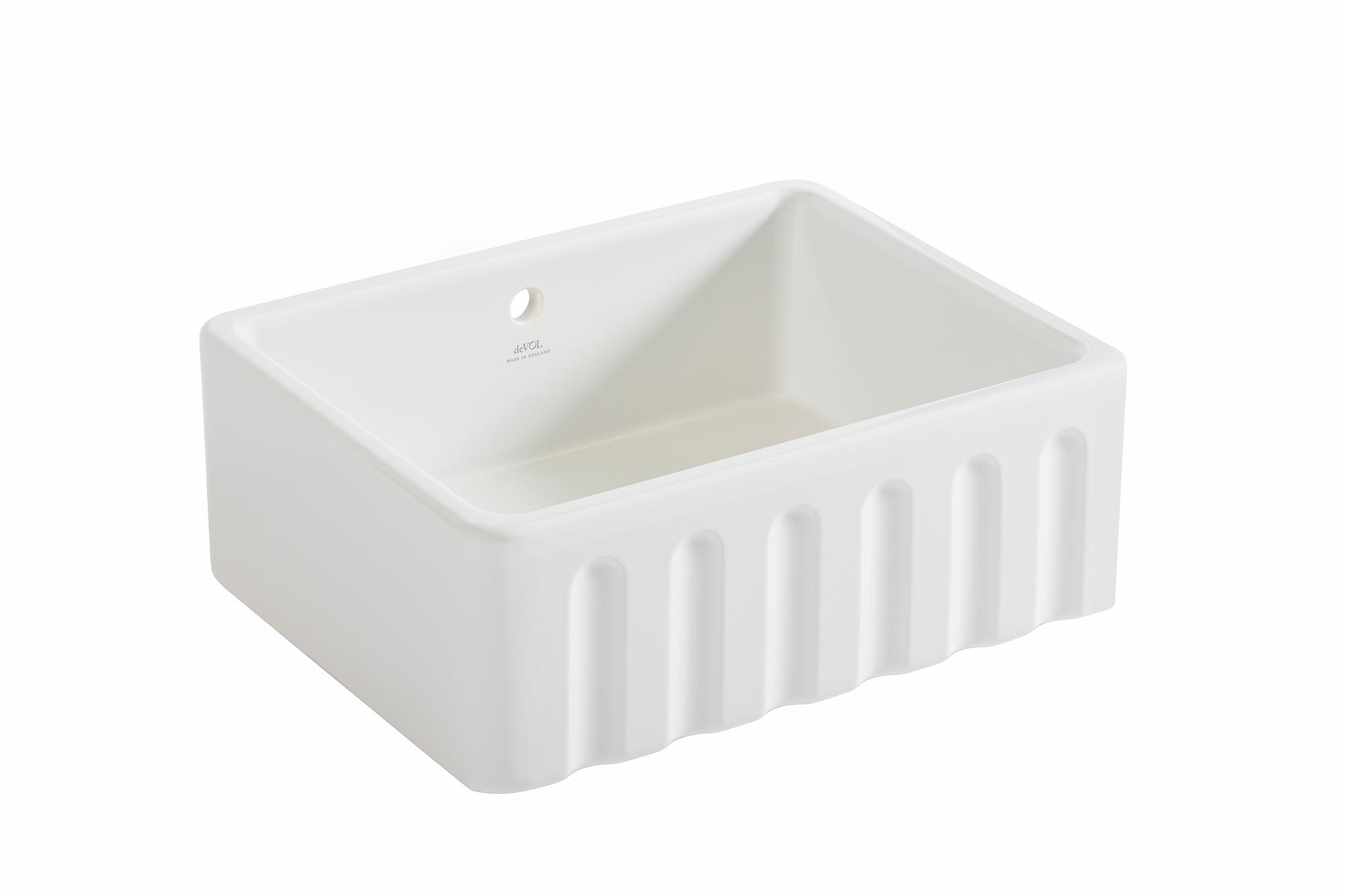 A cut-out image of a traditional fluted white ceramic Belfast sink.