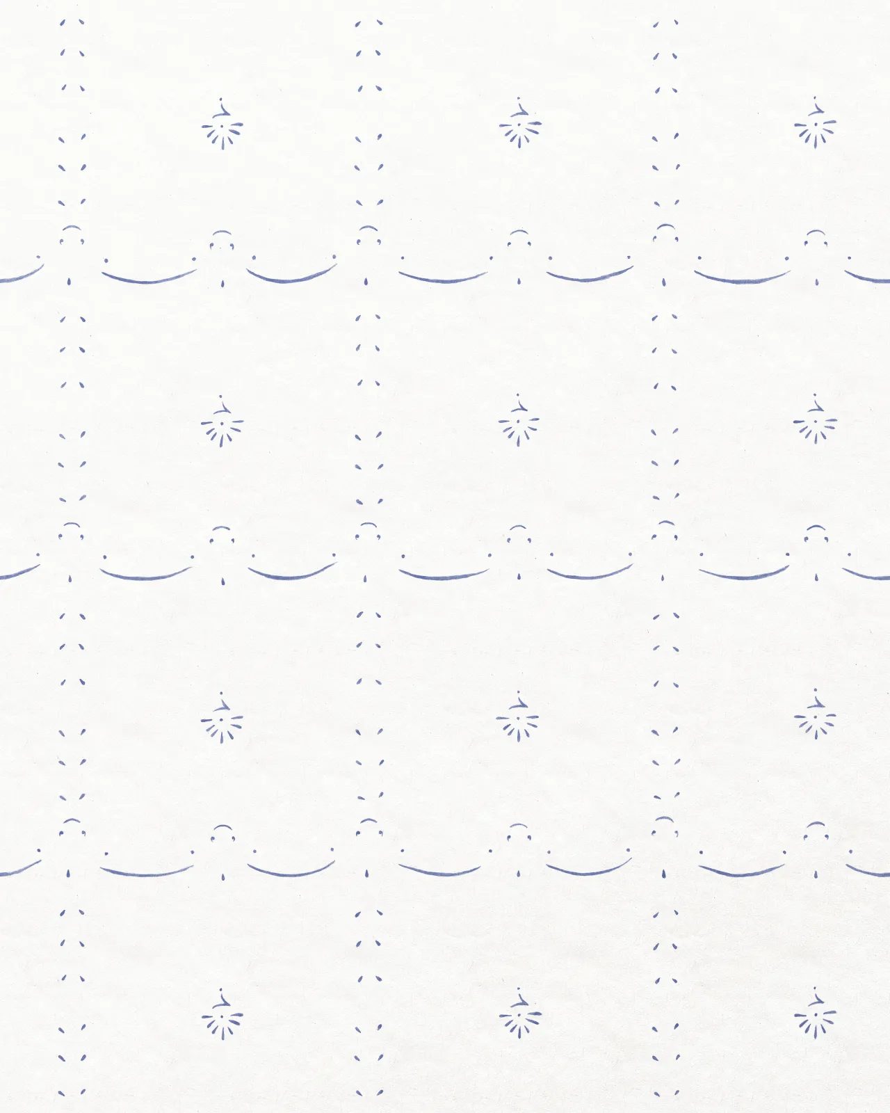 An off-white wallpaper with a delicate hand-painted pattern in a blue colour.
