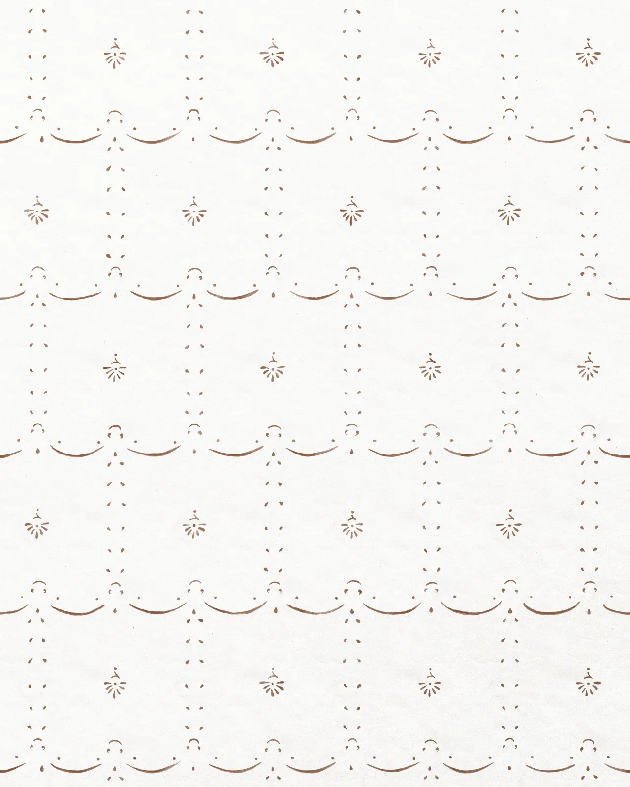 An off-white wallpaper with a delicate hand-painted pattern in a sepia colour.