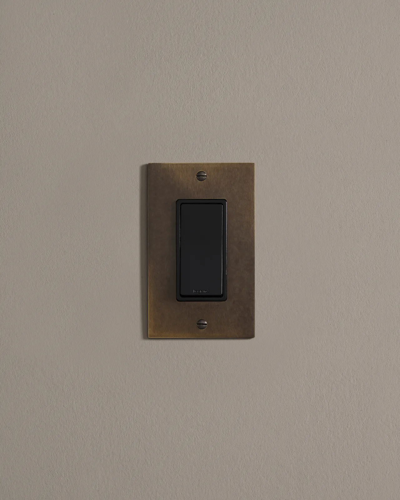 A straight-on view of a 1 gang cover plate in a dark burnished brass finish with a module.