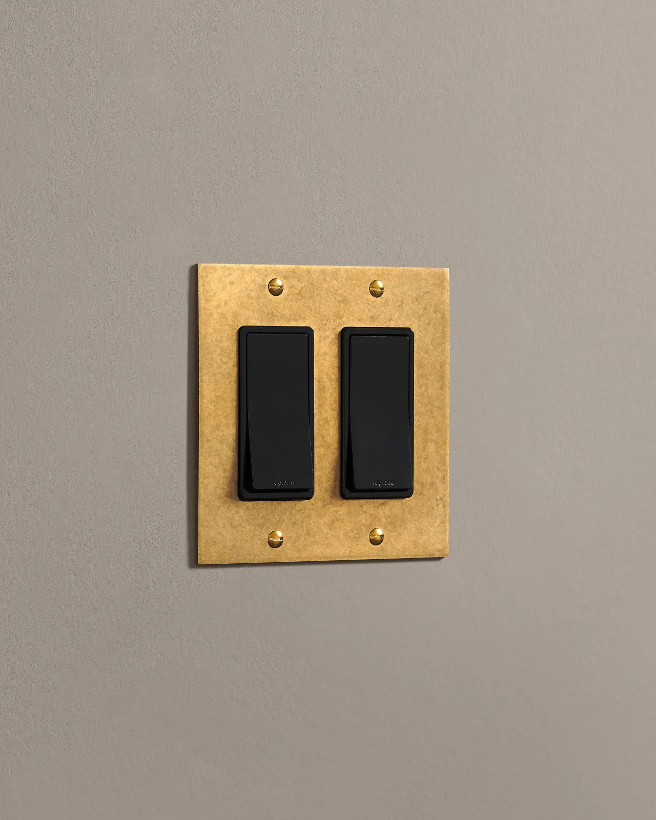A side-on view of a 2 gang cover plate in a warm burnished brass finish with a module.