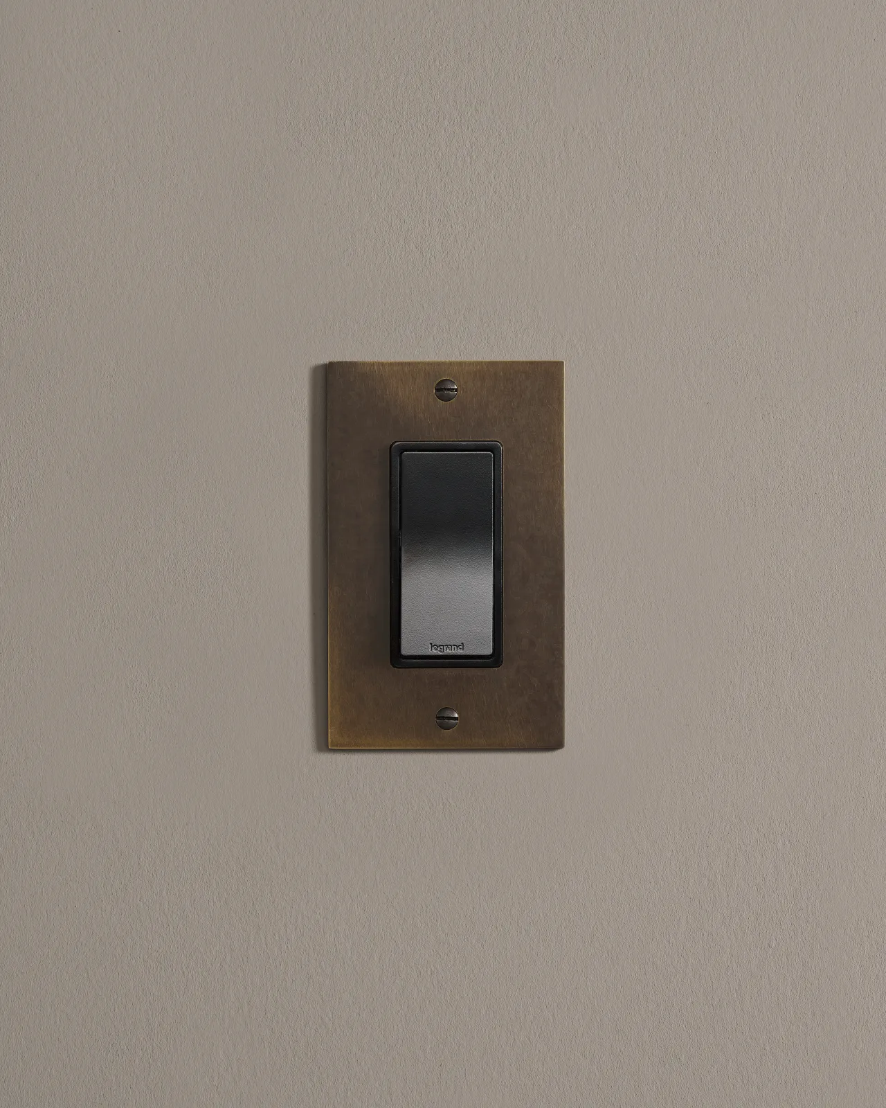 a front on shot of the rocker switch on an oxidised brass plate.