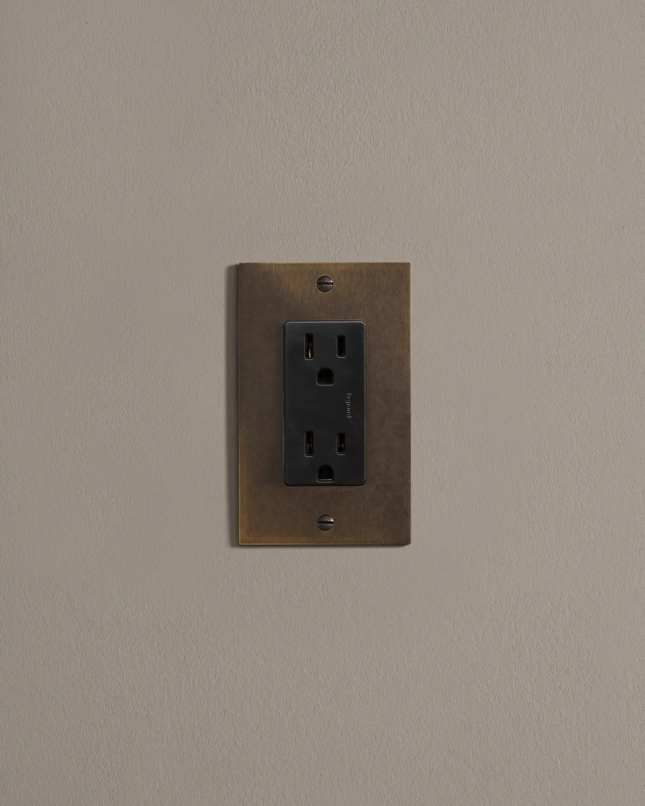 a front on shot of the standard outlet on an oxidised brass plate.