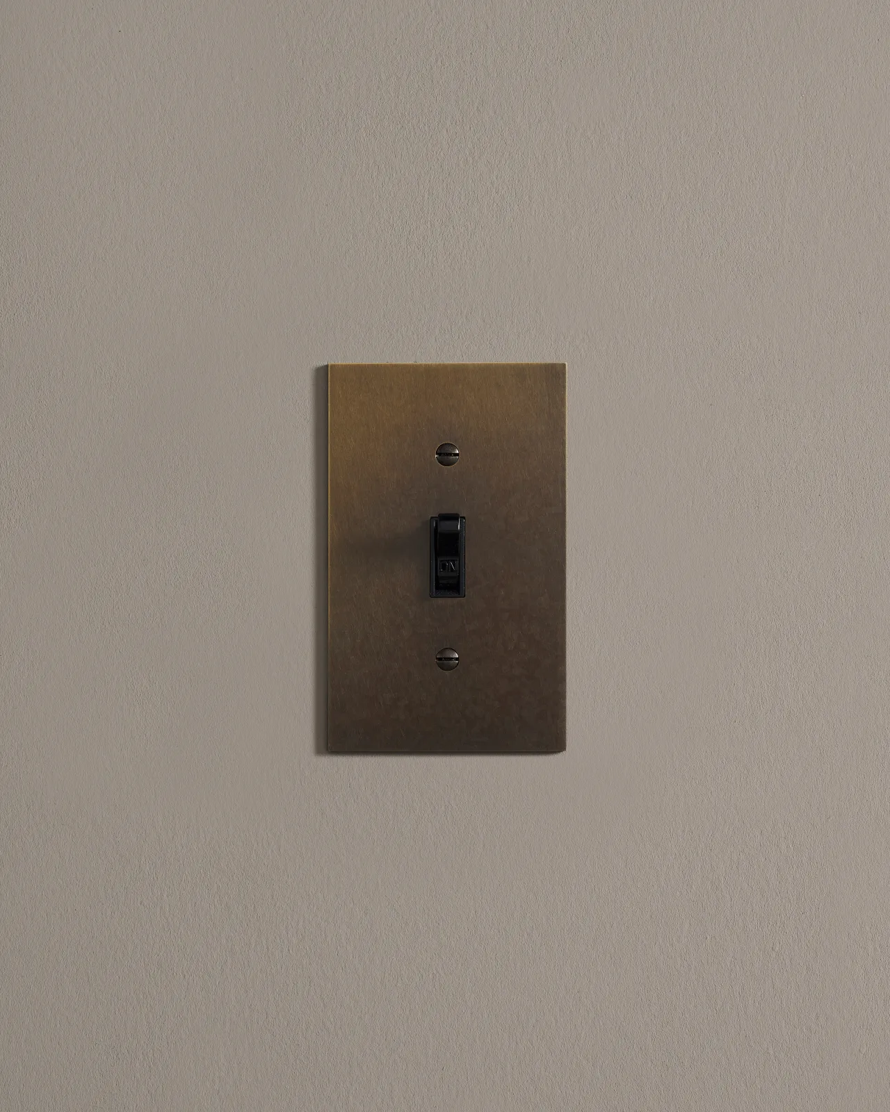 a front on shot of the toggle switch on an oxidised brass cover plate.