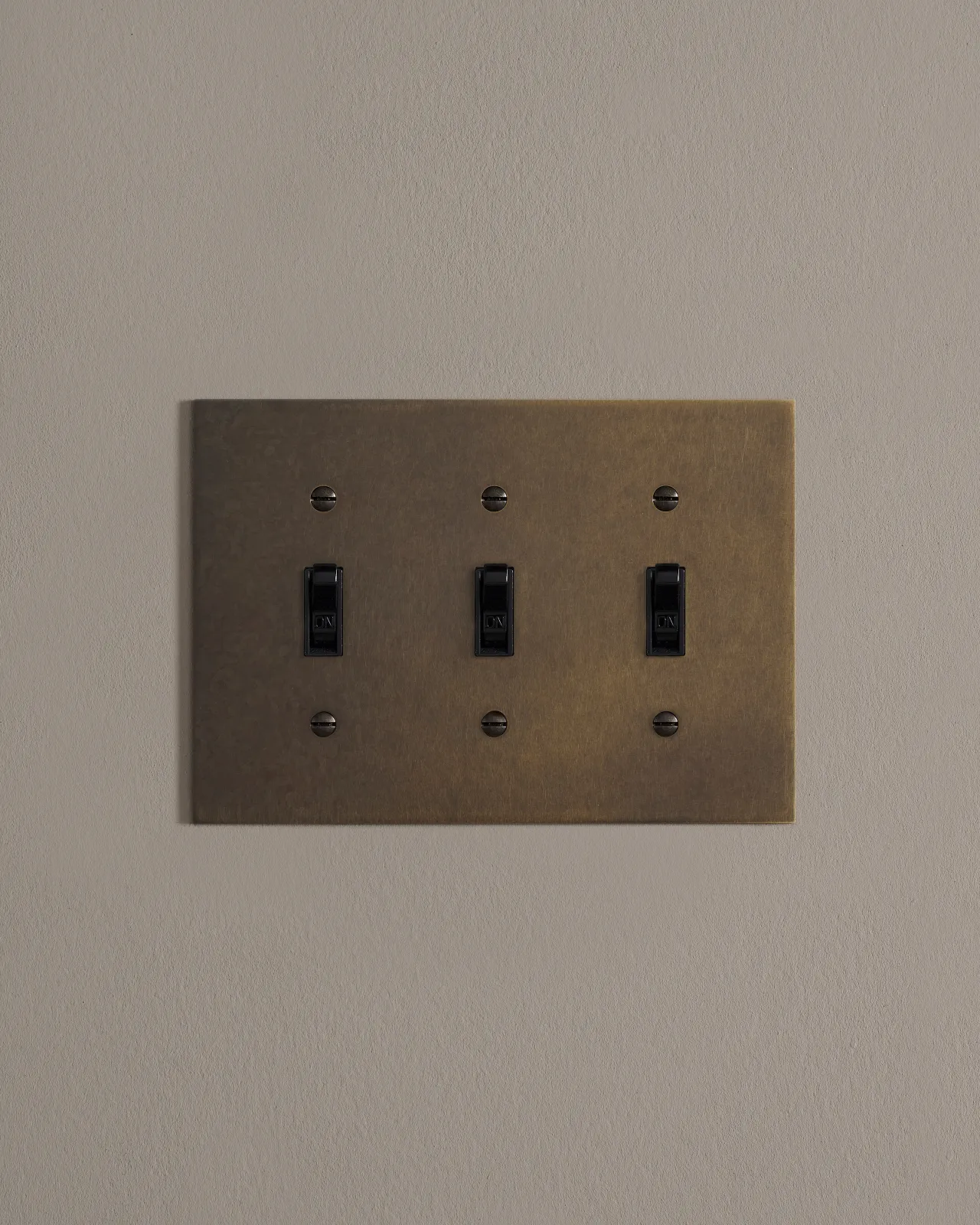 a front on shot of the toggle switch on an oxidised brass cover plate.