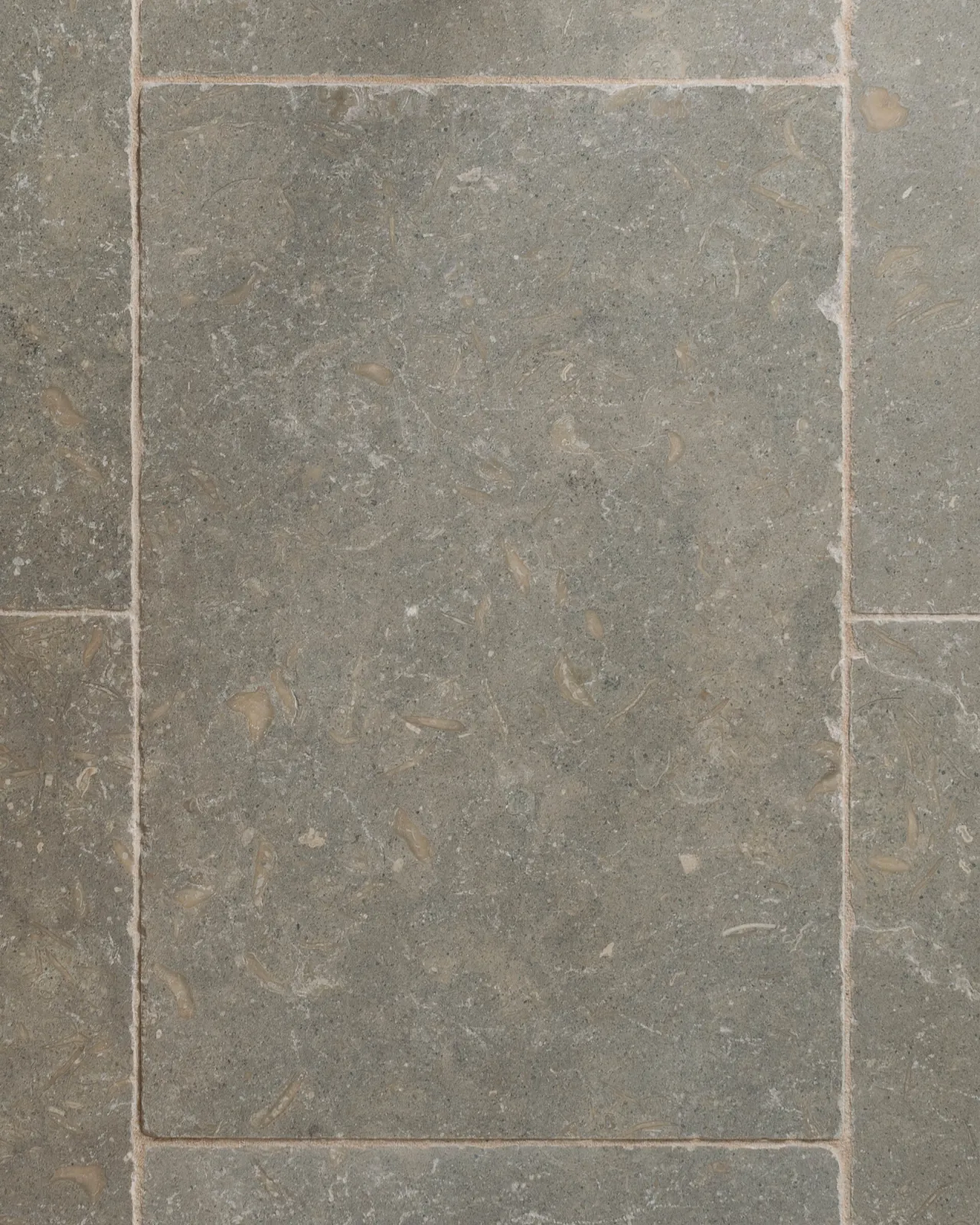 An overhead view of Seagrass Tumbled Limestone flooring.