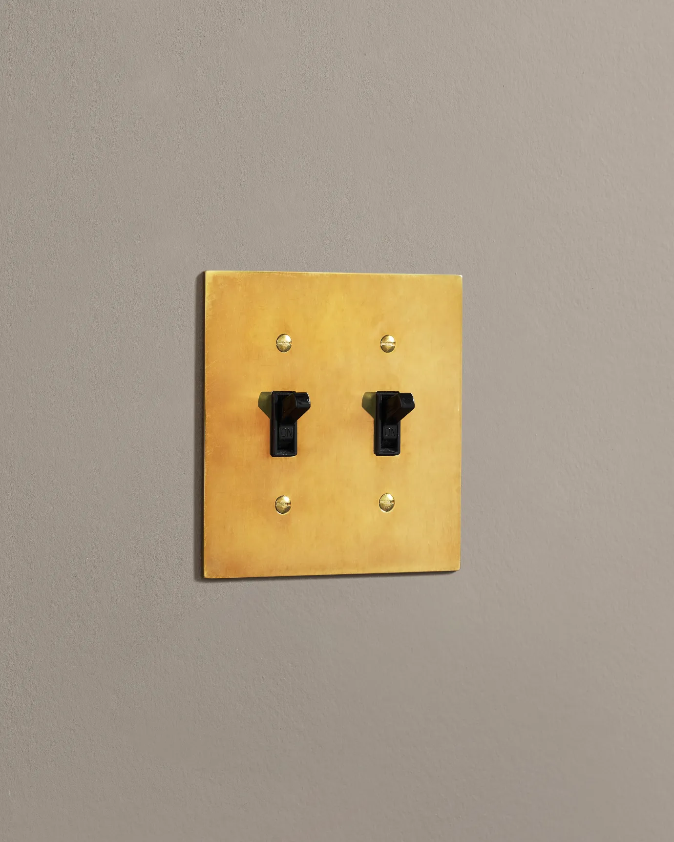 A side-on view of a 2 gang cover plate in a warm shiny brass finish with a module.