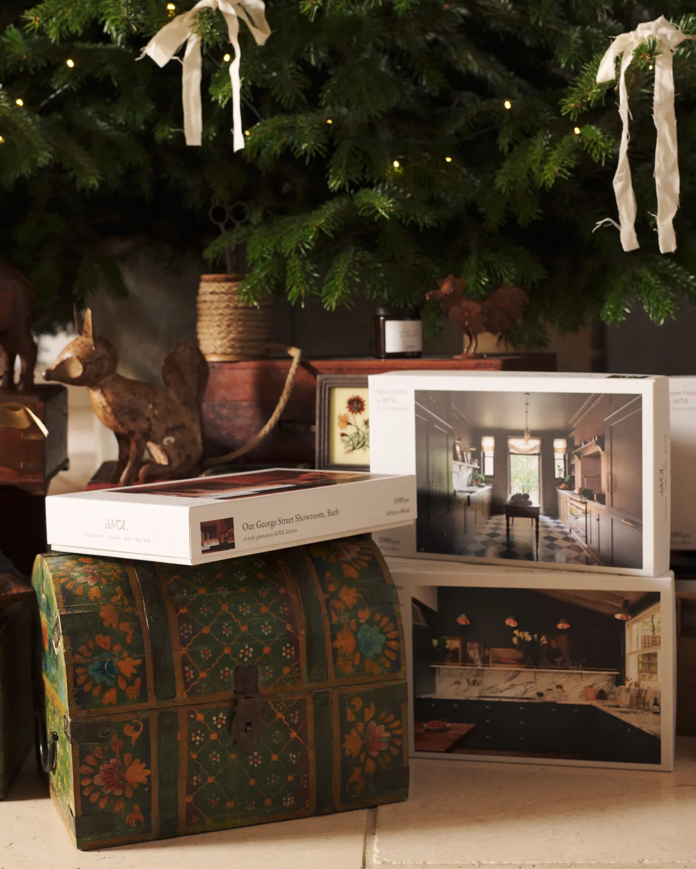 A front on shot of deVOL's jigsaw puzzle by the christmas tree.