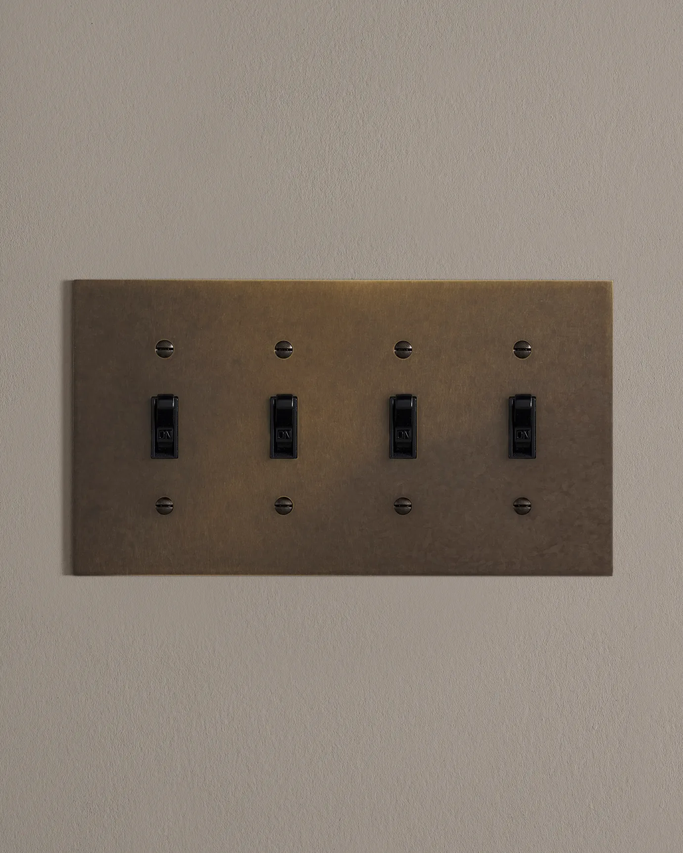 a front on shot of the toggle switch on an oxidised brass cover plate.