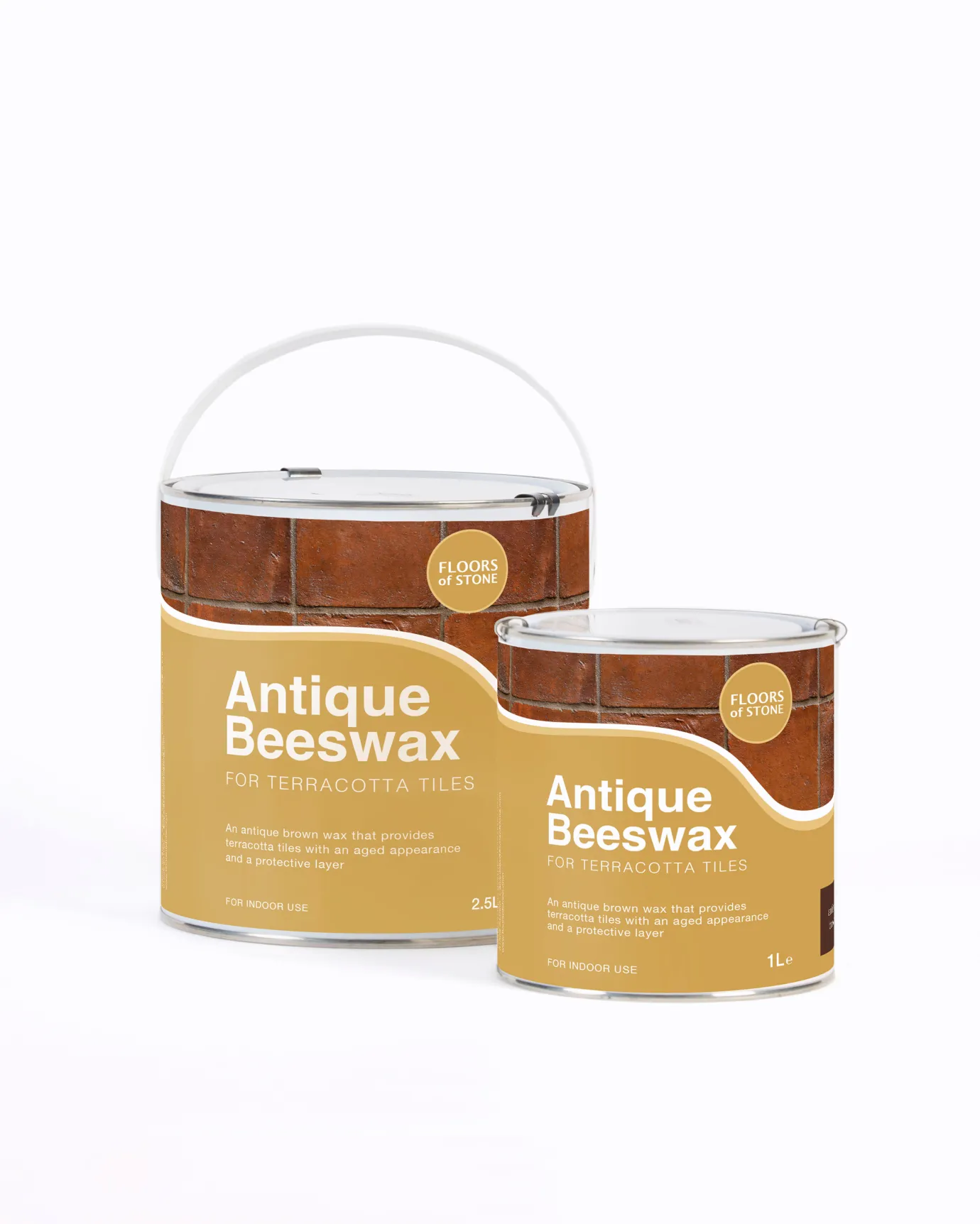 A cut-out image of a 2.5L and 1L tin of Antique Beeswax for terracotta tiles by Floors of Stone.