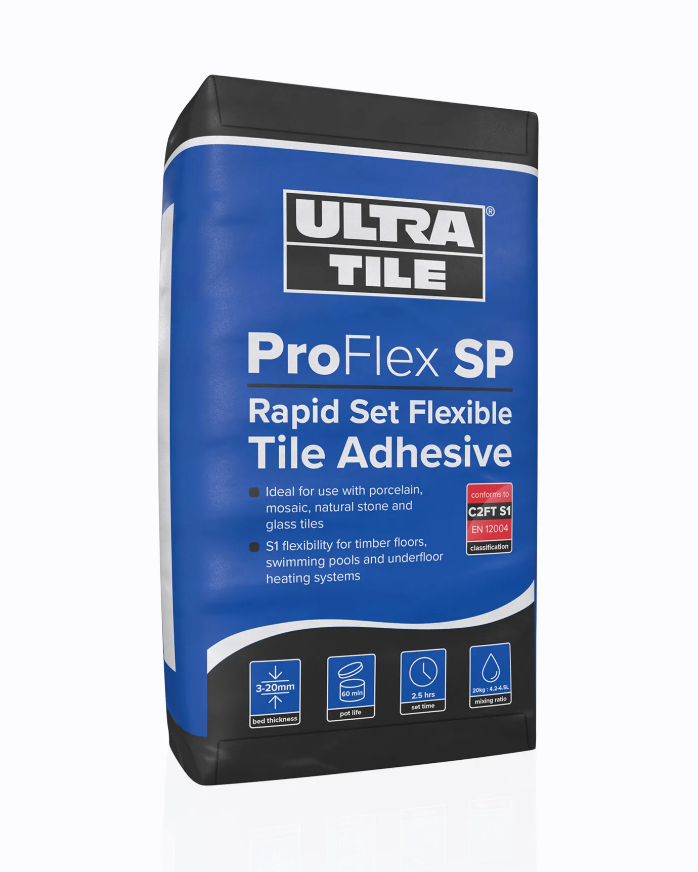 A cut-out image of a 20kg bag of white flexible adhesive suitable for stone and tiled floors.