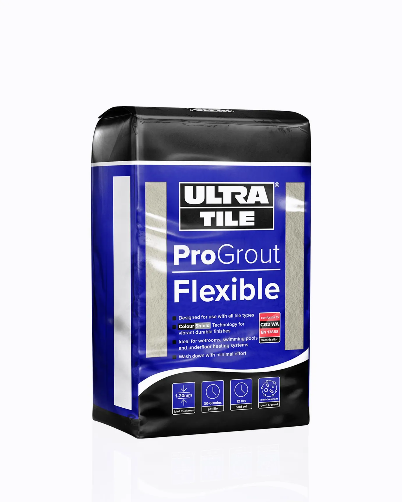 A cut-out image of a 10kg bag of flexible grout in the colour 'limestone' suitable for stone and tiled floors.