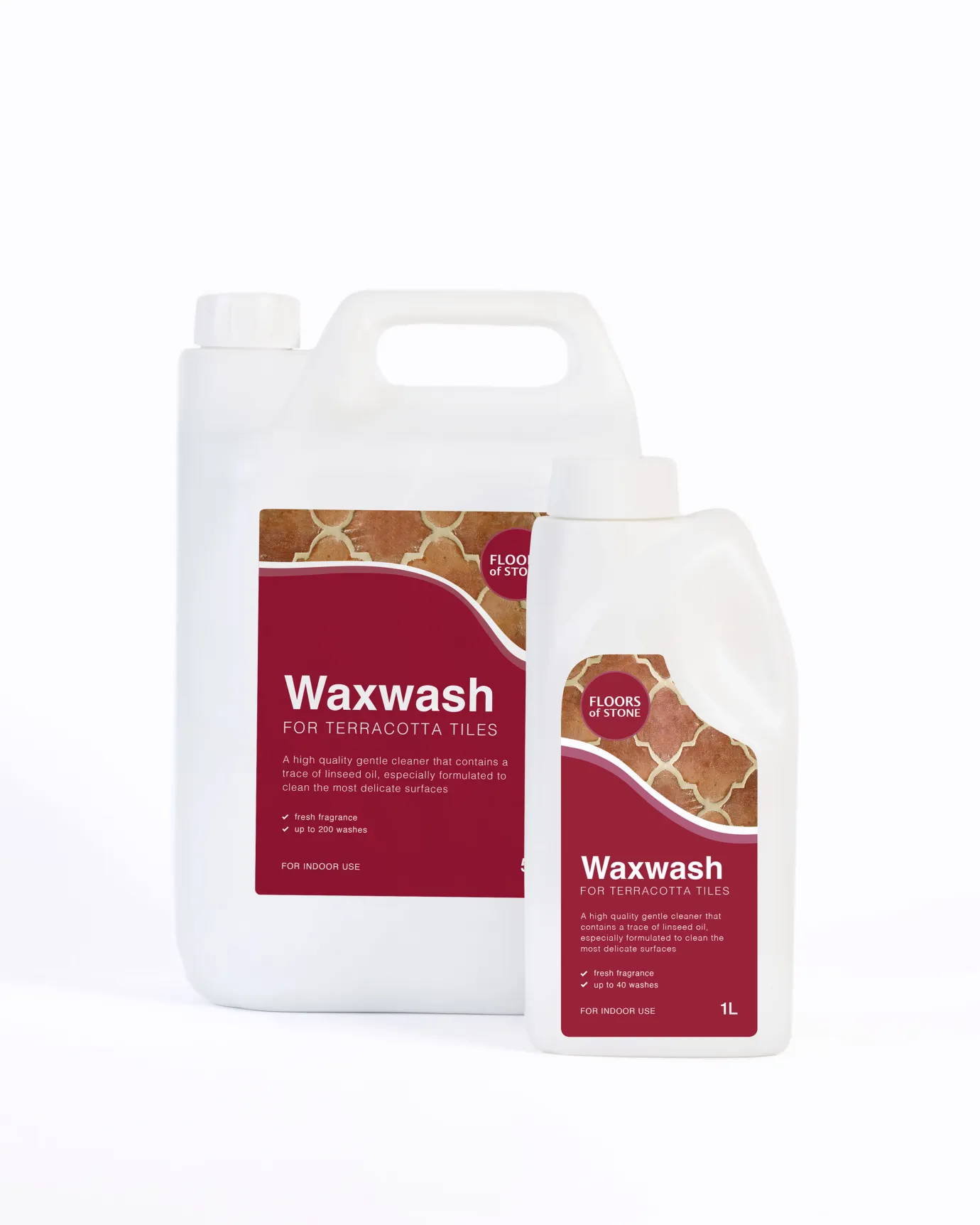 A cut-out image of a 5L and 1L bottle of Waxwash for terracotta tiles by Floors of Stone.