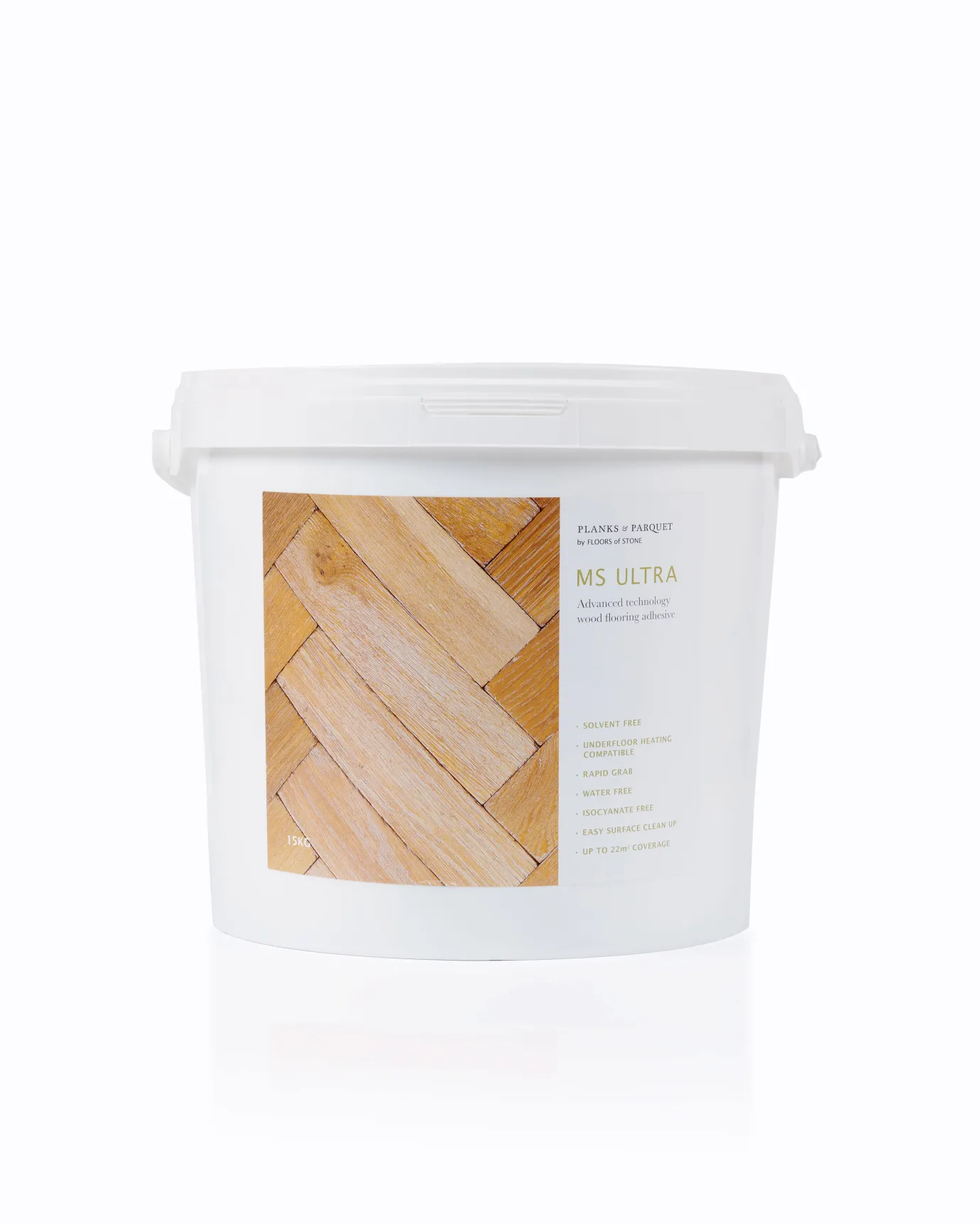 A cut-out image of a tub of Wood Floor Adhesive by Floors of Stone.