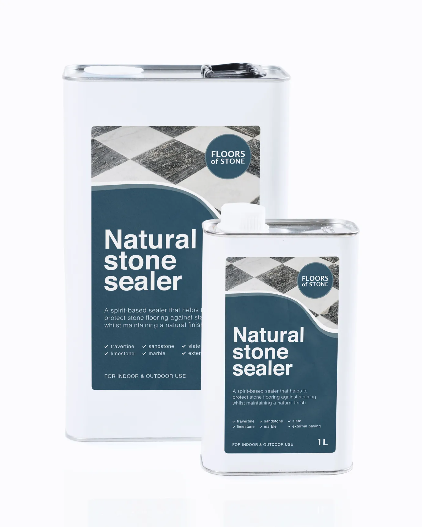 A cut-out image of a 5L and 1L tin of Spirit-based Natural Stone Sealer by Floors of Stone.