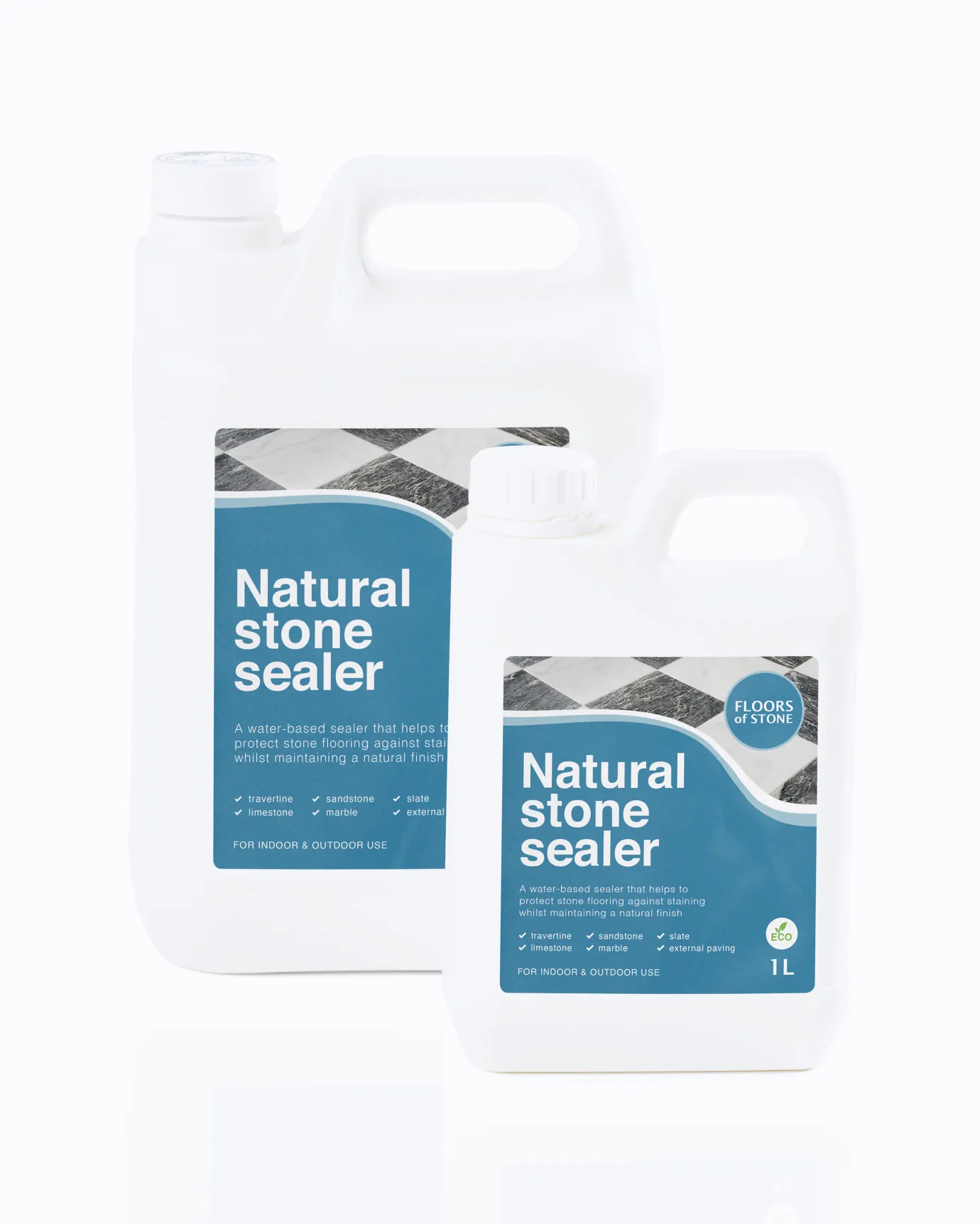 A cut-out image of a 5L and 1L bottle of Water-based Natural Stone Sealer by Floors of Stone.
