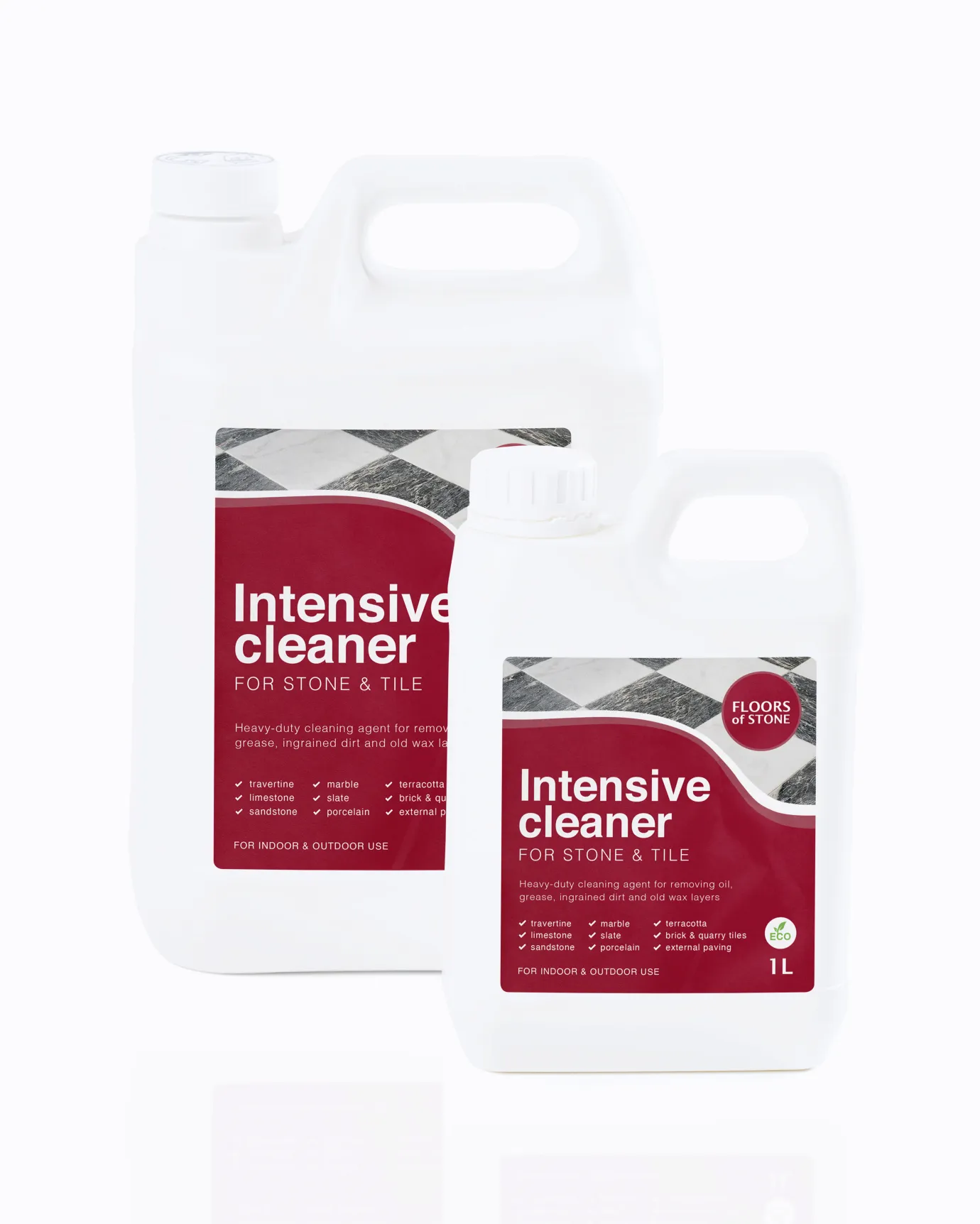 A cut-out image of a 1L and 5L bottle of Stone and Tile Intensive Cleaner by Floors of Stone.